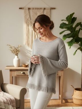 One Grey Day Silk Blend Tan Scoop Neck Luxurious Feel Fringe Knit Top – Size XS